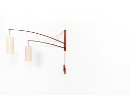 Rupprecht Skrip wall lamp 2 arms in teak and raffia lamshade edition Skrip Leuchten 1950