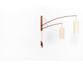 Rupprecht Skrip wall lamp 2 arms in teak and raffia lamshade edition Skrip Leuchten 1950