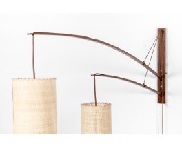 Rupprecht Skrip wall lamp 2 arms in teak and raffia lamshade edition Skrip Leuchten 1950