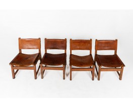 Low chairs in leather and beech Spanish design 1950 set of 4