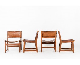 Low chairs in leather and beech Spanish design 1950 set of 4