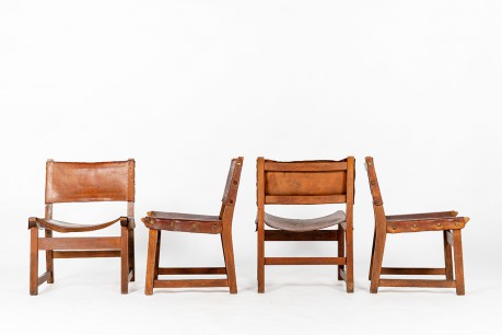Low chairs in leather and beech Spanish design 1950 set of 4