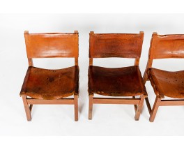 Low chairs in leather and beech Spanish design 1950 set of 4