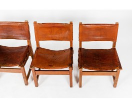 Low chairs in leather and beech Spanish design 1950 set of 4