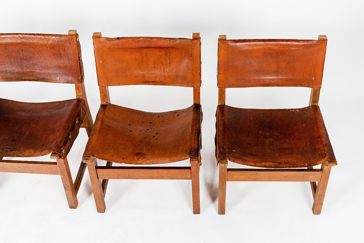 Low chairs in leather and beech Spanish design 1950 set of 4
