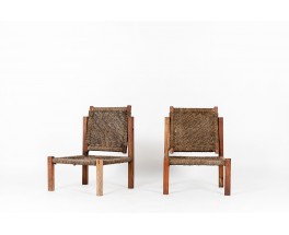 Low chairs in teak and rope 1950 set of 2