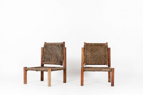 Low chairs in teak and rope 1950 set of 2