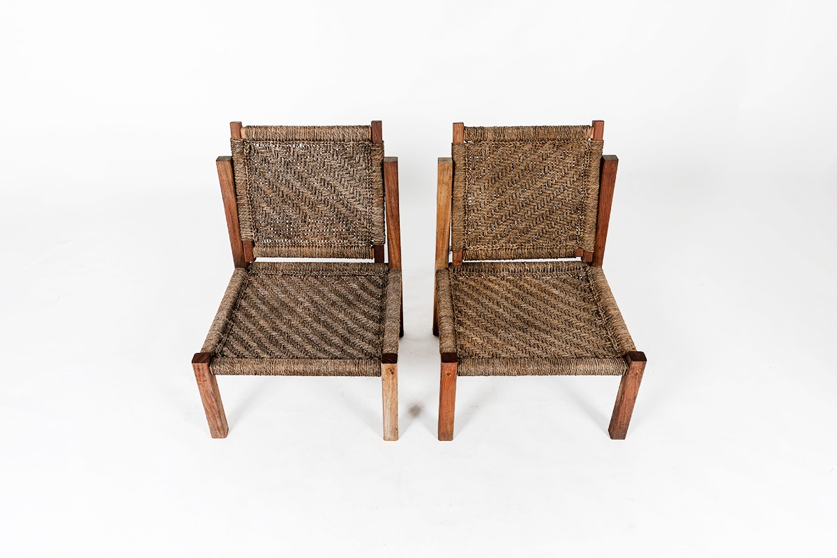 Low chairs in teak and rope 1950 set of 2