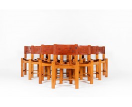 Chairs in elm and leather edition Maison Regain 1980 set of 10