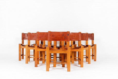 Chairs in elm and leather edition Maison Regain 1980 set of 10