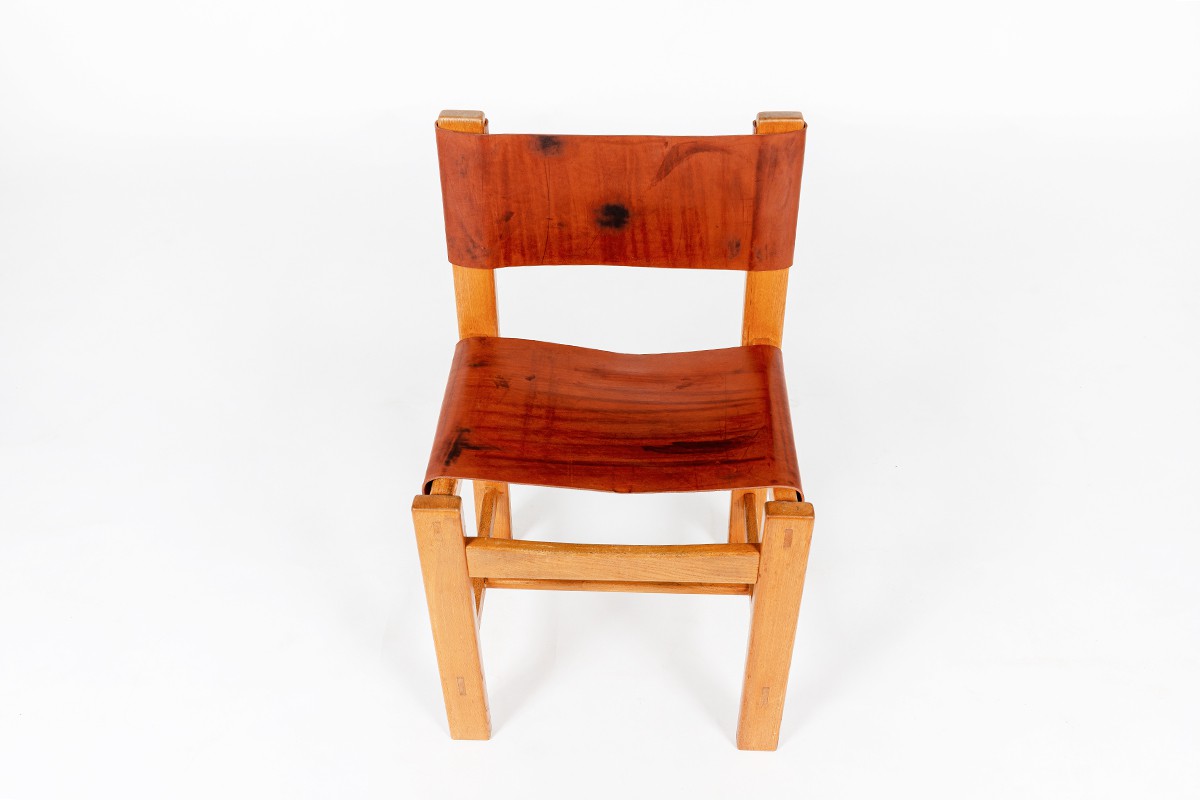 Chairs in elm and leather edition Maison Regain 1980 set of 10