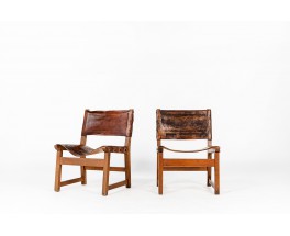 Low chairs in leather and beech Spanish design 1950 set of 2