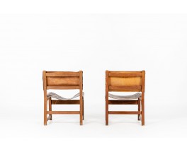 Low chairs in leather and beech Spanish design 1950 set of 2