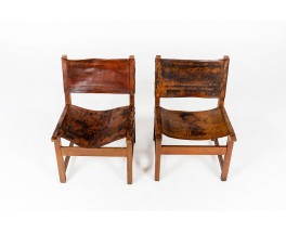 Low chairs in leather and beech Spanish design 1950 set of 2