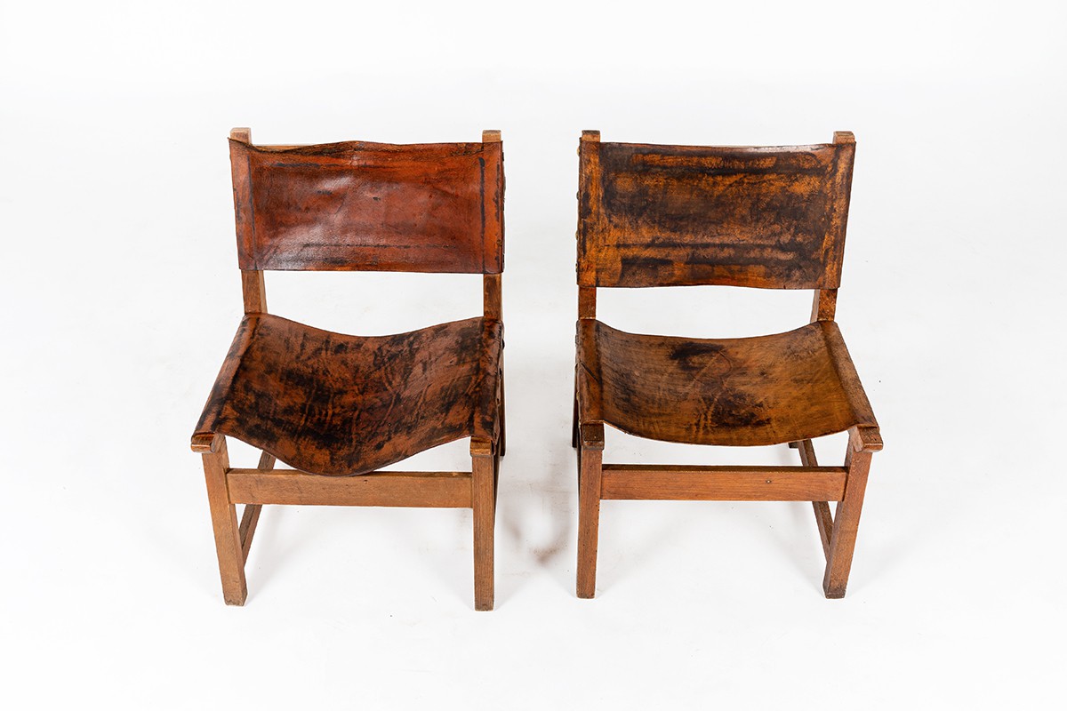 Low chairs in leather and beech Spanish design 1950 set of 2