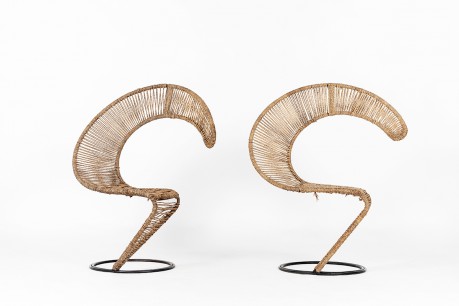 Armchairs in black metal and braided rope 1980