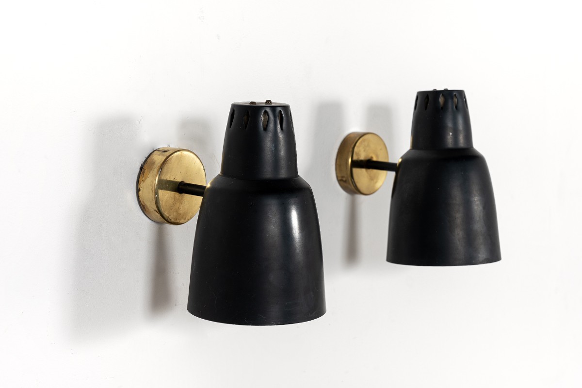 Wall lamps in black metal and gold aluminum edition Parscot 1950 set of 2
