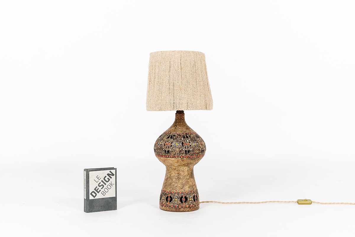Lampe en céramique Raphaël Giarrusso abat-jour en corde 1960