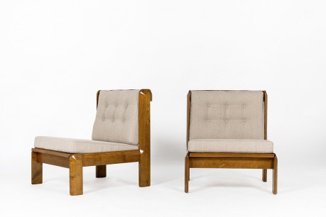 Low chairs in elm and Maison Thevenon fabric 1980 set de 2