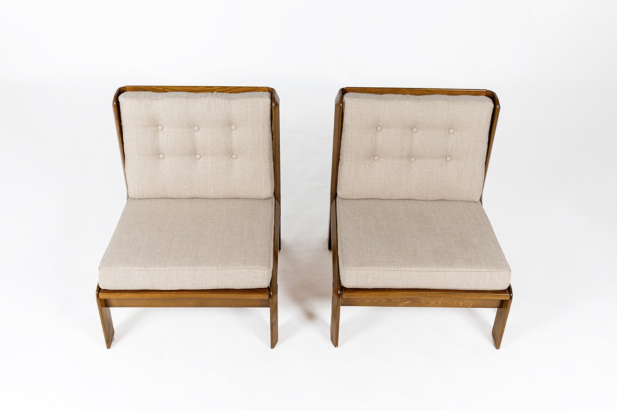 Low chairs in elm and Maison Thevenon fabric 1980 set de 2