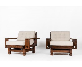 Fauteuils en sapin et lin Maison Thevenon 1950 set de 2