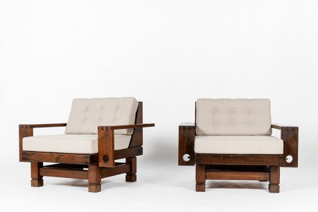 Fauteuils en sapin et lin Maison Thevenon 1950 set de 2
