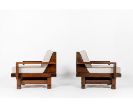 Fauteuils en sapin et lin Maison Thevenon 1950 set de 2