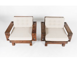 Armchairs in pine and Maison Thevenon linen 1950 set of 2