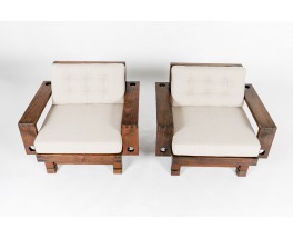 Fauteuils en sapin et lin Maison Thevenon 1950 set de 2