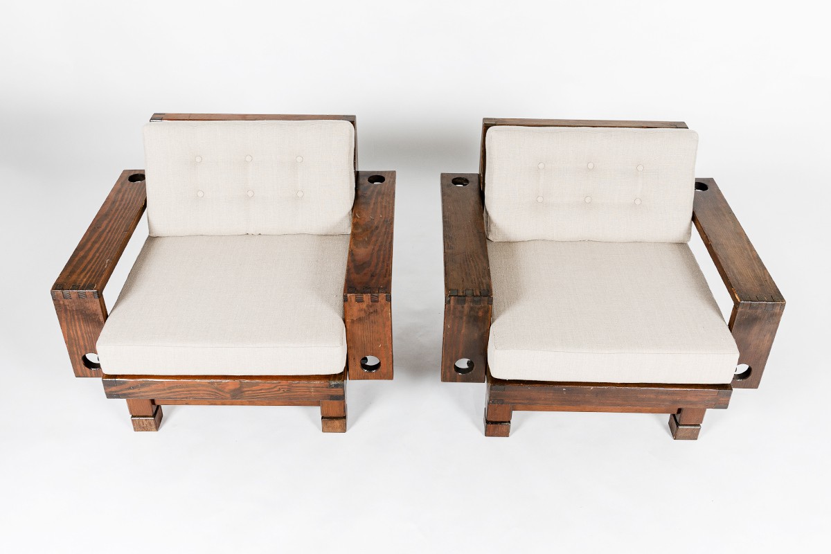 Armchairs in pine and Maison Thevenon linen 1950 set of 2