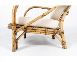 Audoux Minet armchair in rattan and linen cushions 1950