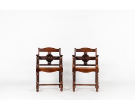 Armchairs in oak and straw Breton design 1950 set of 2