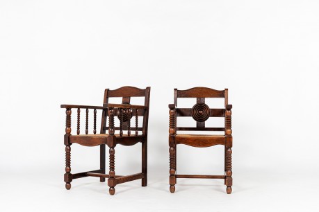 Fauteuils en chêne et paille design breton 1950 set de 2