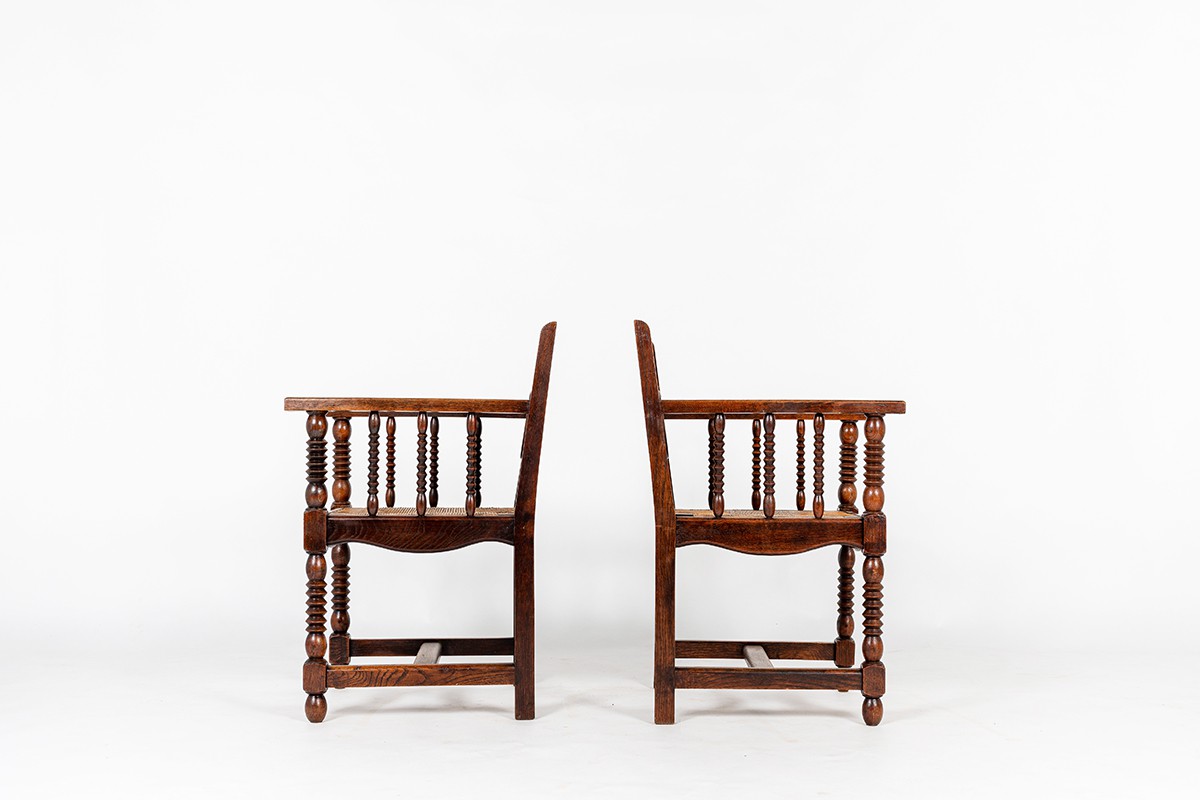 Armchairs in oak and straw Breton design 1950 set of 2