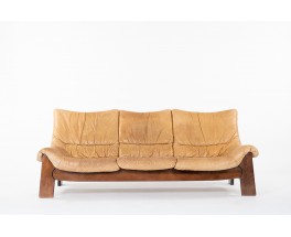 Sofa in pine and camel leather 1950