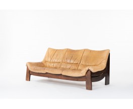 Sofa in pine and camel leather 1950