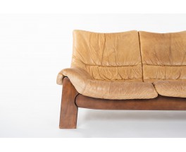 Sofa in pine and camel leather 1950