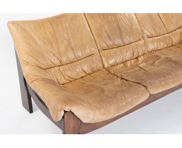 Sofa in pine and camel leather 1950