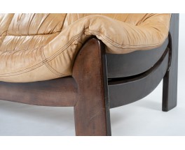 Sofa in pine and camel leather 1950