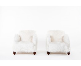 Armchairs in oak and white fur imitation fabric Art Deco design 1930 set of 2