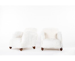 Armchairs in oak and white fur imitation fabric Art Deco design 1930 set of 2