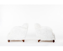 Armchairs in oak and white fur imitation fabric Art Deco design 1930 set of 2