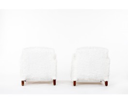 Armchairs in oak and white fur imitation fabric Art Deco design 1930 set of 2