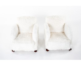 Armchairs in oak and white fur imitation fabric Art Deco design 1930 set of 2