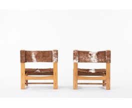 Low chairs in elm and cowhide edition Maison Regain 1980 set of 2