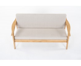 Sofa in brushed oak and Maison Thevenon linen fabric 1950