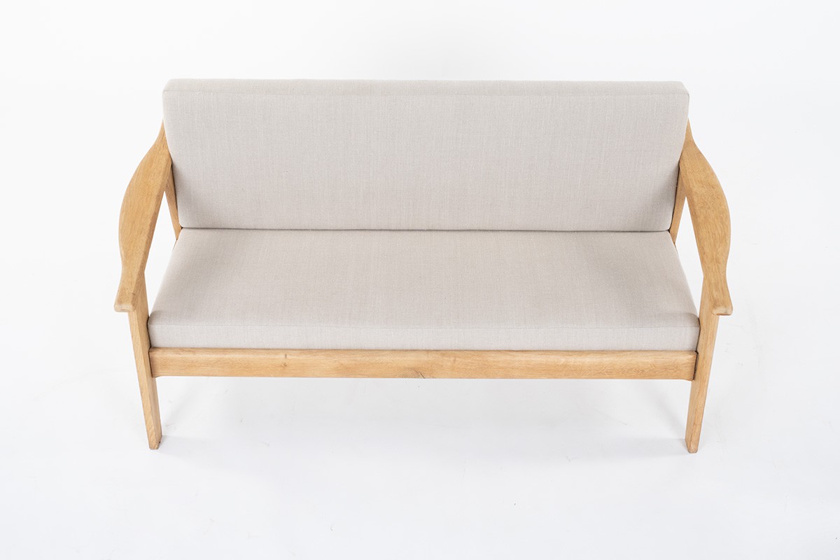 Sofa in brushed oak and Maison Thevenon linen fabric 1950