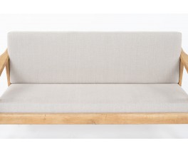 Sofa in brushed oak and Maison Thevenon linen fabric 1950