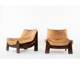 Armchairs in pine and camel leather 1950 set of 2