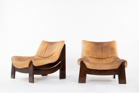 Fauteuils en sapin et cuir camel 1950 set de 2